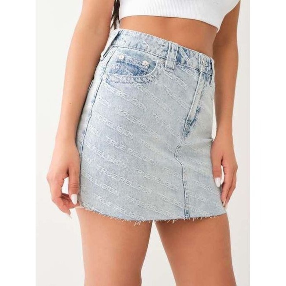 True Religion Monogram Denim Mini Skirt Womens Size 26 NEW High Rise Logo Print